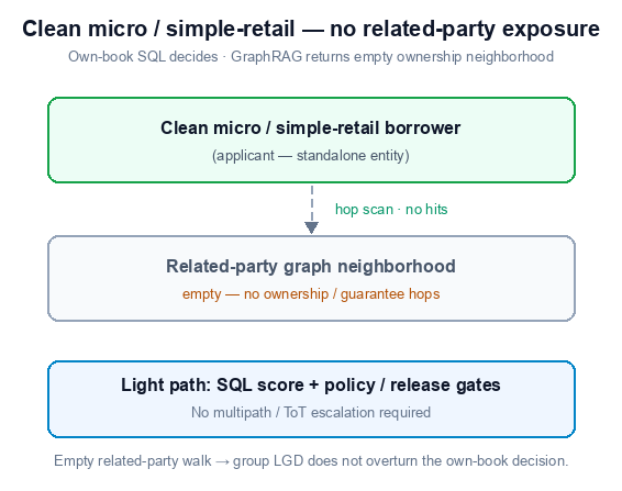 Clean micro borrower org chart — standalone applicant with empty related-party neighborhood